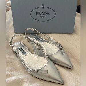 Prada Women's Metallic Silver Pointed Flats